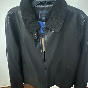 Marc Asher New York  Mens Black Faux Leather Bomber Jacket with Shearling Collar